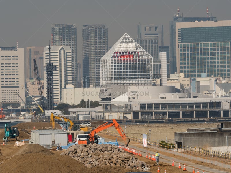 丰洲,建筑业,东京,江东区,东京湾,水平画幅,建筑工地,无人,起重机,海洋