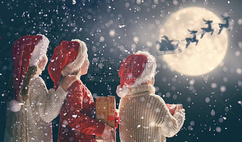 儿童,礼物,天空,新的,少量人群,夜晚,雪,月亮,盒子