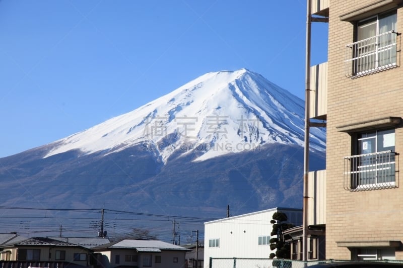 富士山,视角,富士箱根伊豆国立公园,河口湖,天空,水平画幅,樱花,雪,无人,蓝色