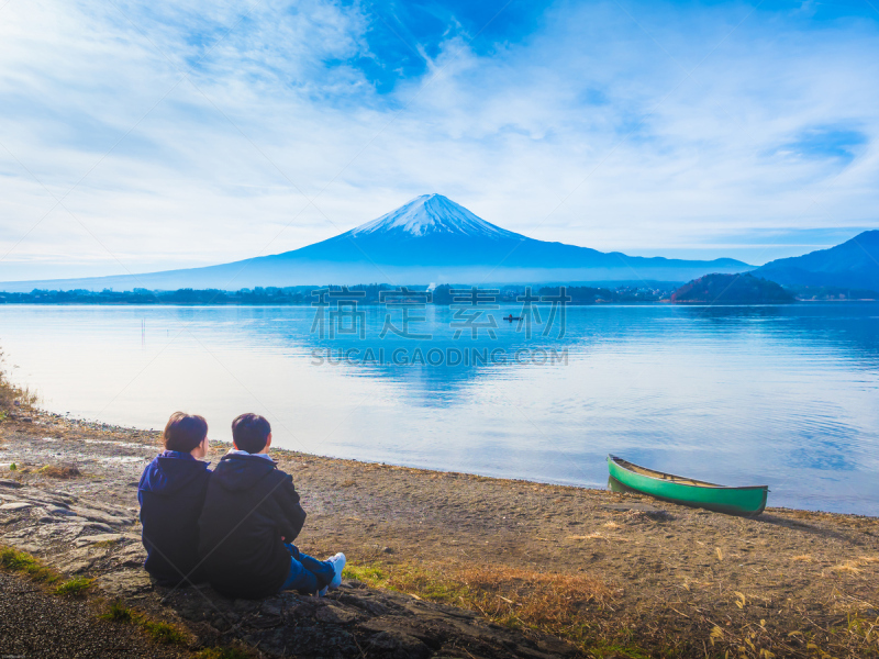 河口湖,富士山,早晨,伴侣,湖,亚洲,背景,时间,剪影,坐