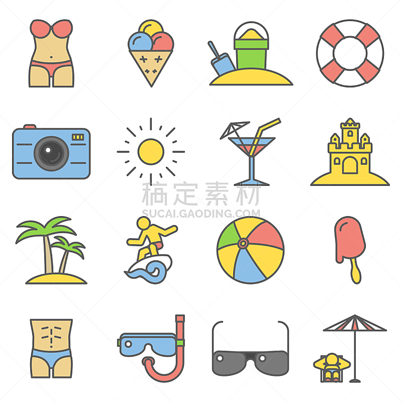 夏天,海滩,矢量,平坦的,符号,标志,细的,线条,球,浮标