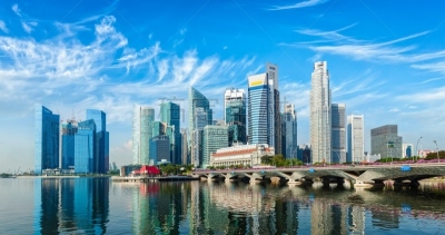 新加坡,滨海湾 ,城市天际线,在上面,白昼,滨水,地形,水,水平画幅,无人