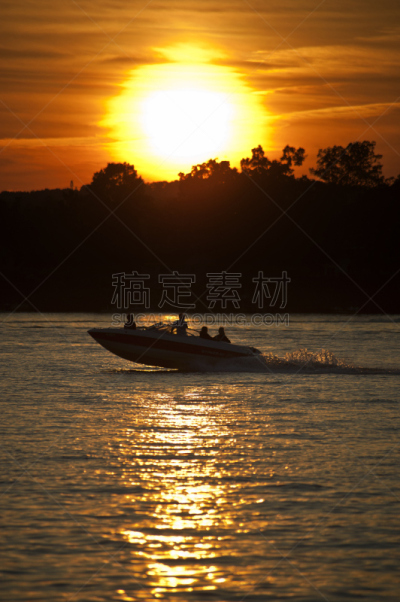 快艇,汽艇赛,摩托艇,前面,垂直画幅,水上运动,图像,湖,夏天,日落