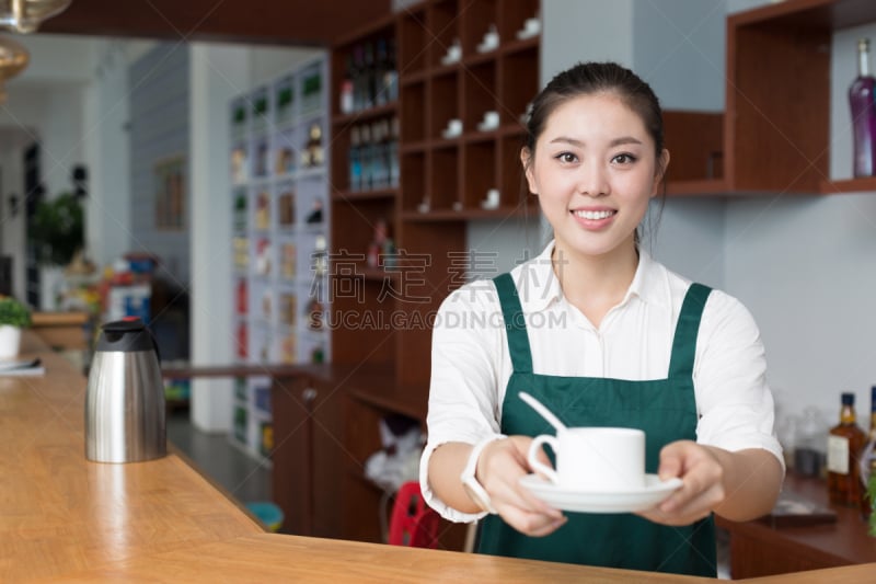 女人,青年人,咖啡馆,可爱的,女招待,饮料,商务,杯,肖像,东亚人