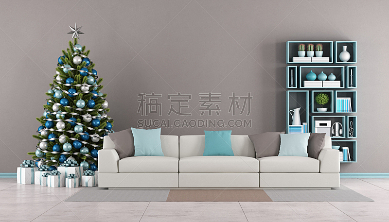 圣诞树,起居室,蓝色,现代,住宅房间,墙,极简构图,水平画幅,无人