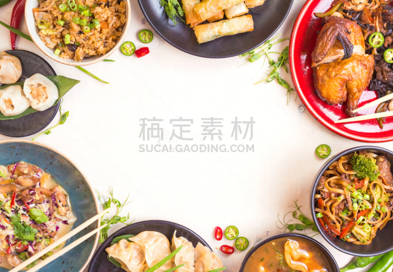 中国食品,白色背景,春卷,炒菜锅,点心,晚餐,蒸菜,食品,多样,餐具