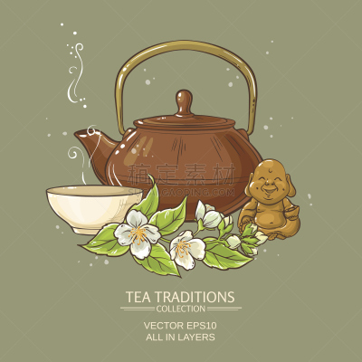 绘画插图,茉莉茶,矢量,热,绿茶,一个物体,杯,日式茶杯,背景,小雕像