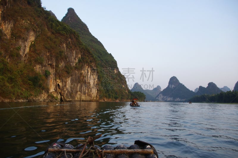 桂林,中国,木筏,漓江,阳朔,水,天空,水平画幅,山,邮轮