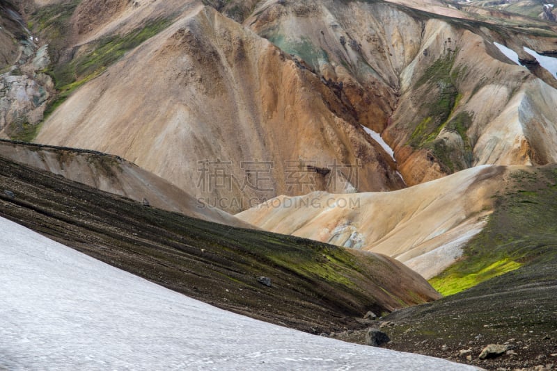 火山,兰德玛纳,fjallabak nature reserve,冰岛国,山,灰色,橙色,雪,草,色彩鲜艳