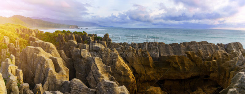 薄饼岩,punakaiki,新西兰南岛,呼吸孔,全景,新西兰,自然美,塔斯曼海,水,天空