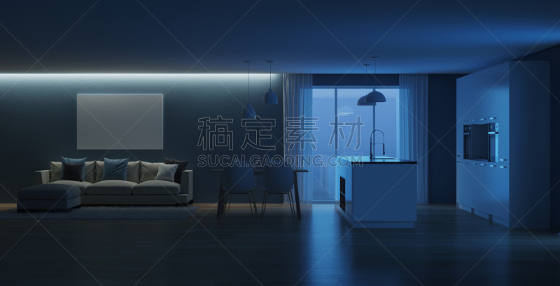 现代,三维图形,房屋,室内,夜晚,抽油烟机,窗帘,舒服,地板,炊具