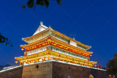 西安,夜晚,鼓楼,天空,水平画幅,墙,建筑,无人,传统,户外