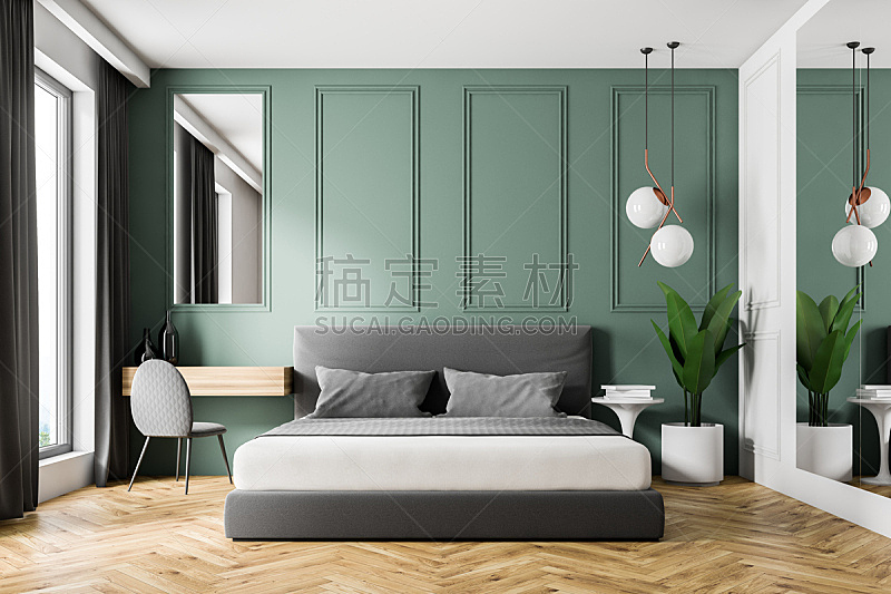 室内,墙,卧室,绿色,空的,舒服,软垫,床,现代,床上用品