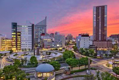 日本,城市天际线,滨松,静冈县,车站,照明设备,曙暮光,黄昏,广场,公园