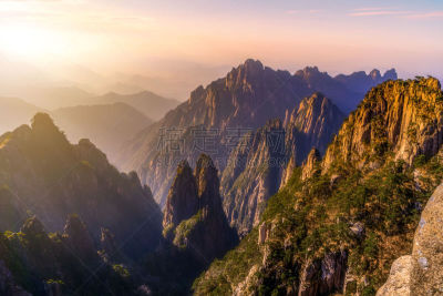 早晨,中国,黄山,背景,自然美,远距离,天空,水平画幅,云,山