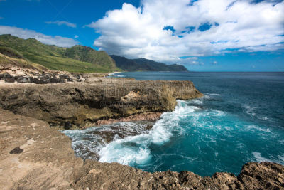 横滨,瓦胡岛,夏威夷,海湾,岩石海岸线,卡埃纳角州立公园,越野吉普,单车道,西,天空