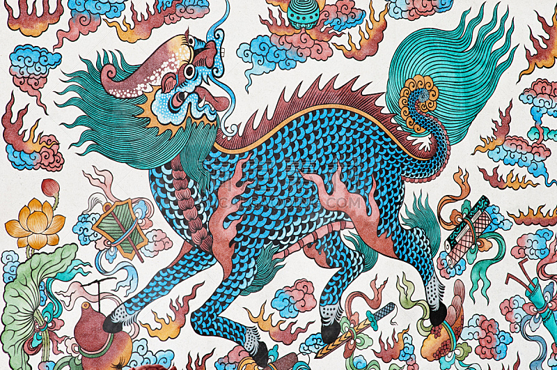 中国龙,刺刀,蓝色,绘画作品,水平画幅,无人,符号,巨大的,泰国,龙