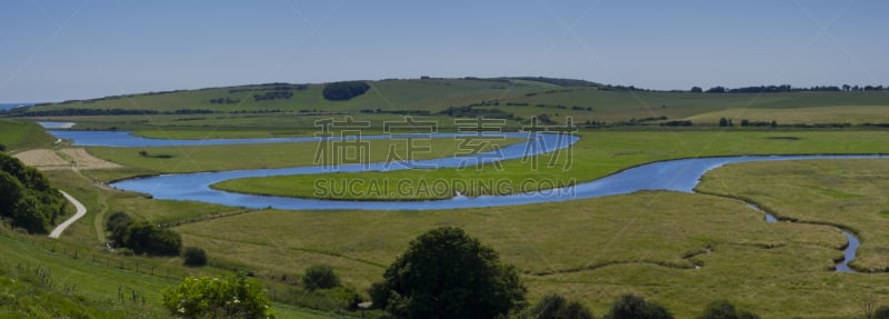 英格兰,地形,cuckmere河,七姐妹,公园,水平画幅,山,草,白色,田地