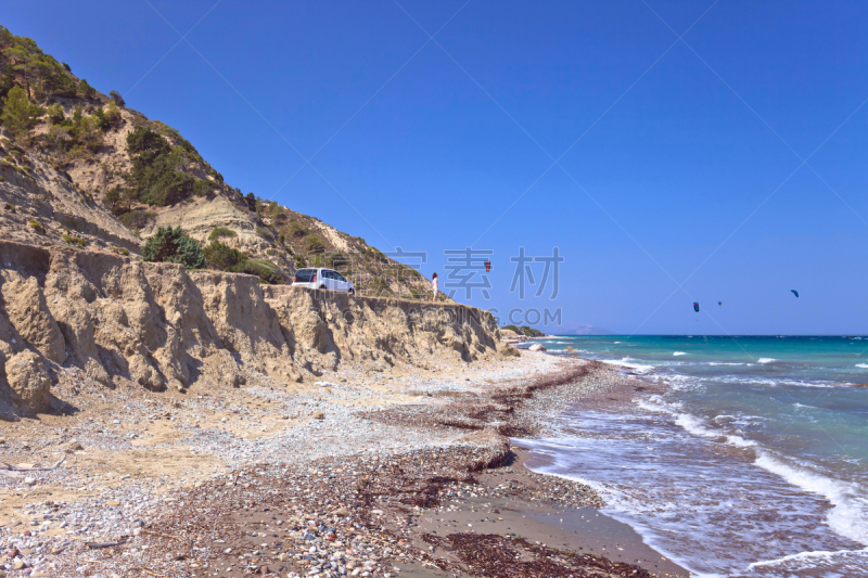 希腊,地中海,海岸线,罗德岛,冲浪风筝,水,天空,水平画幅,夏天,户外