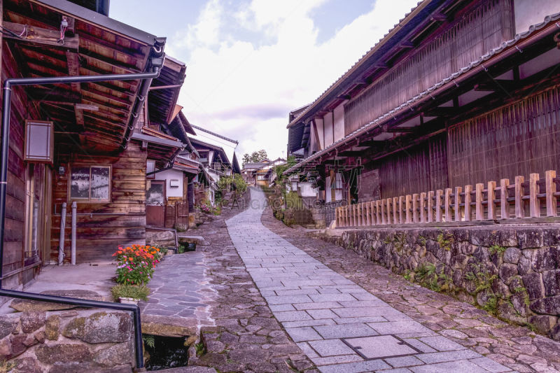 长野县,古典式,城镇,街道,日本,建筑体,水平画幅,传统,古老的,旅行者