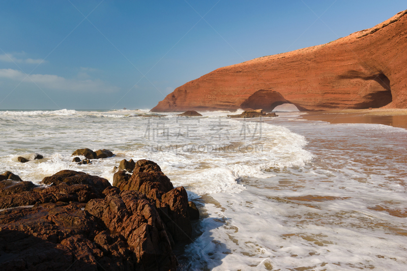 自然拱,海滩,摩洛哥,红色,马萨,风景线拱,水,天空,水平画幅,沙子