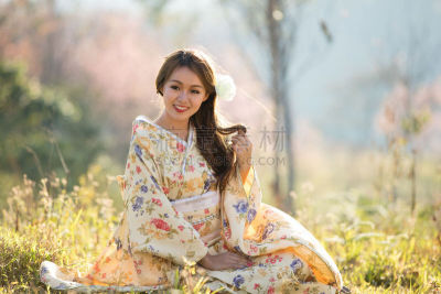传统,泰国,和服,伞,红色,女人,衣服,家庭花园,樱之花