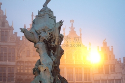 布拉博喷泉,安特卫普市,雕像,水平画幅,无人,曙暮光,建筑外部,户外,泉,太阳