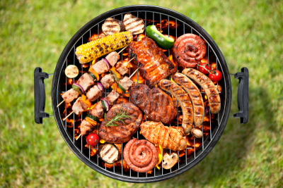 肉,蔬菜,多样,炊具,烤肉架,格子烤肉,烤牛肉,烤串,留白,草坪