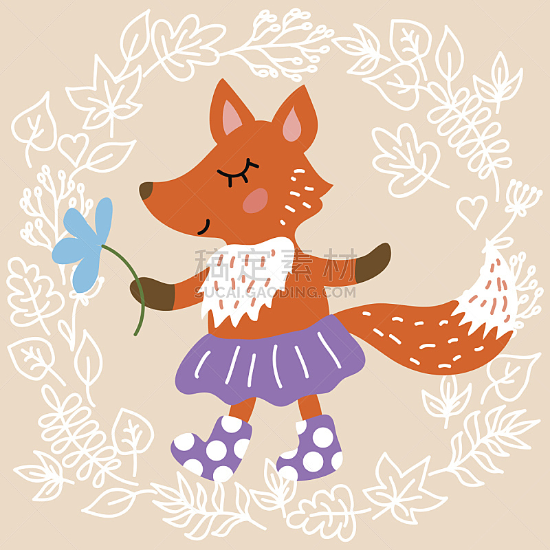 可爱的,狐狸,绘画插图,性格,野外动物,卡通,仅一朵花,靴子,树林,哺乳纲