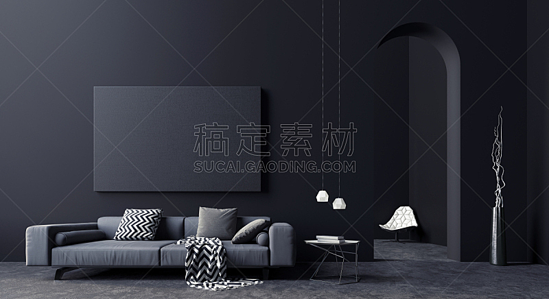 现代,三维图形,概念,起居室,黑色,灰色,室内设计师,暗色,华贵,舒服