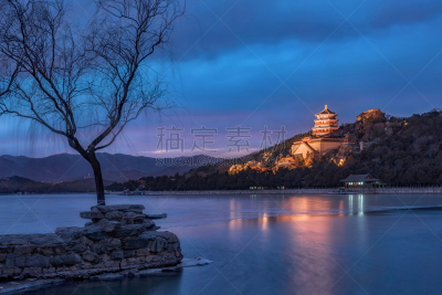 颐和园,夜晚,北京,昆明湖,亭台楼阁,水平画幅,雪,无人,鸟类,当地著名景点