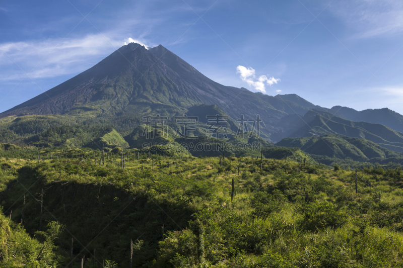 墨拉皮火山,自然,爪哇,水平画幅,熔岩,蓝色,户外,火山,山,亚洲