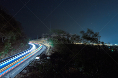 交通,照明设备,颜色,路,迅速,水平画幅,山,夜晚,无人,蓝色