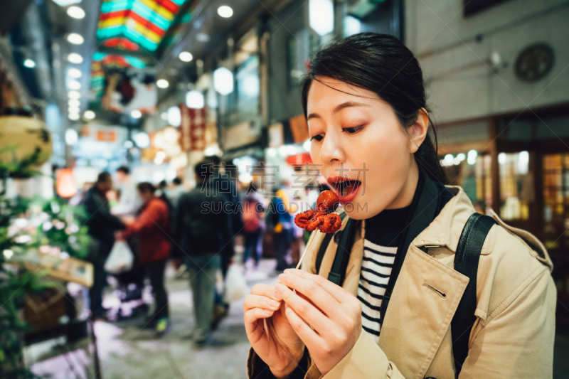 女人,甜食,章鱼,张着嘴,小的,传统,食品,拿着,京都府,锦市场