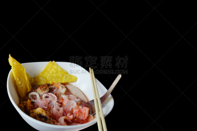 道教,水平画幅,面汤,无人,膳食,海鲜慕司,白色背景,背景分离,泰国,豆腐