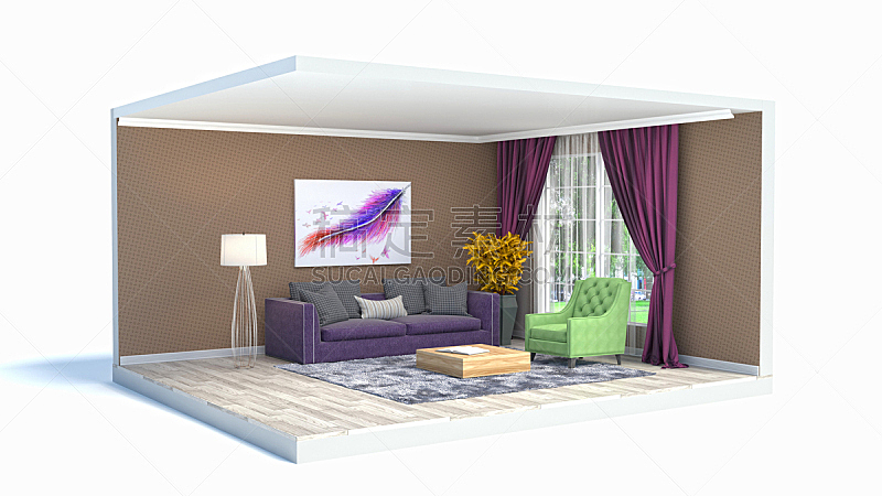 室内,起居室,绘画插图,三维图形,水晶吊灯,扶手椅,花瓶,褐色,座位,水平画幅
