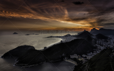城市天际线,里约热内卢,水,水平画幅,山,夜晚,无人,夏天,户外,甜面包山