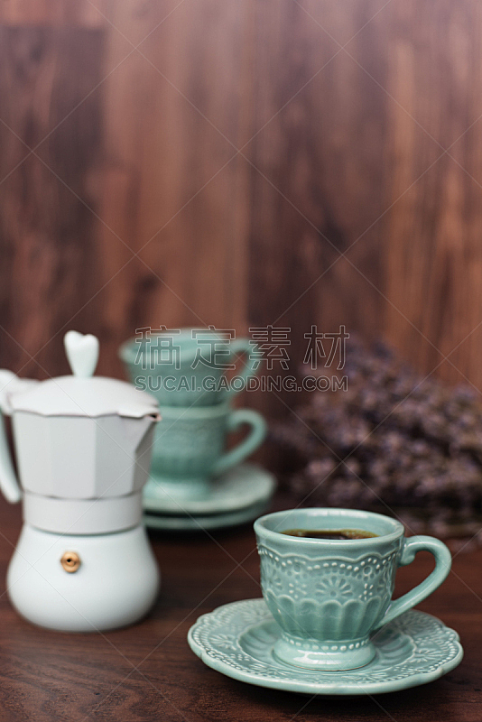 咖啡杯,背景,熏衣草,芳香的,木制,咖啡机,黑色,青绿色,阿拉比卡咖啡,垂直画幅