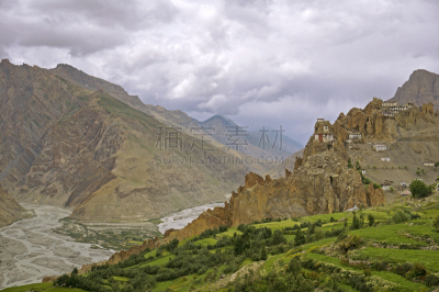 沙漠,高处,远古的,喜马拉雅山脉,寺庙,山,风景,在上面,丹卡尔寺,毕底