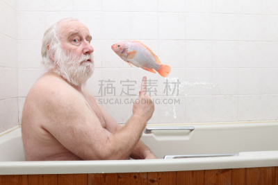 鱼类,老年男人,浴盆,罗非鱼,人,美,水平画幅,美人,浴室,男性