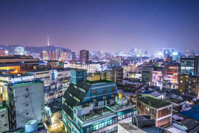首尔,城市天际线,明洞,江南区,水平画幅,夜晚,户外,都市风景,韩国,屋顶
