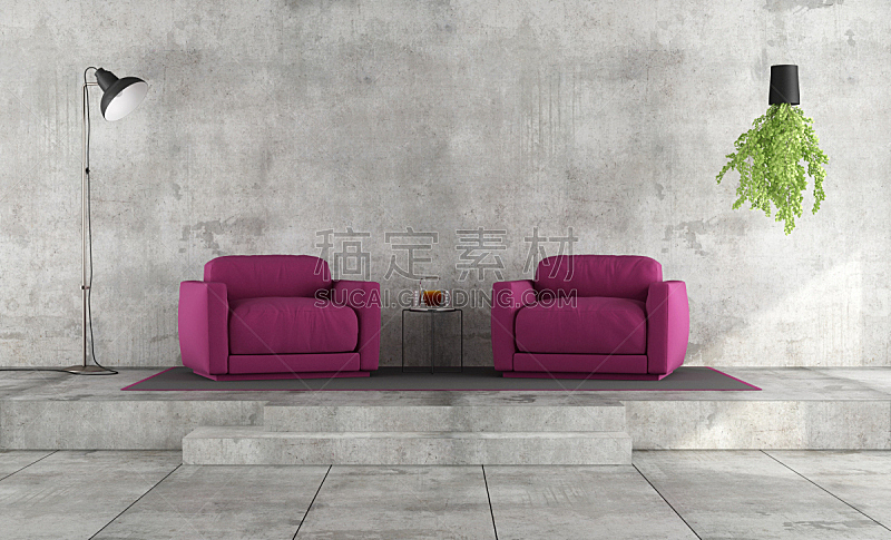 扶手椅,起居室,极简构图,紫色,台阶,水平画幅,墙,无人,家具,楼梯