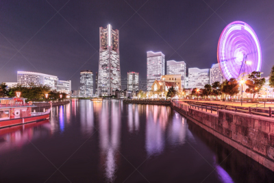 横滨,夜晚,山下公园,横滨高速铁路,办公园区,摩天轮,神奈川县,天空,水平画幅,无人