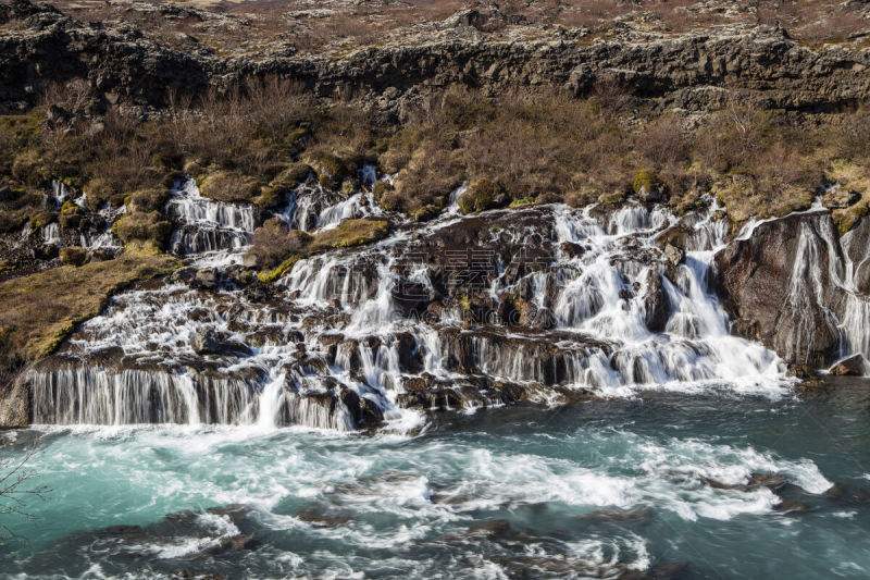 hraunfossar,熔岩,自然,水,水平画幅,地形,瀑布,无人,蓝色,夏天