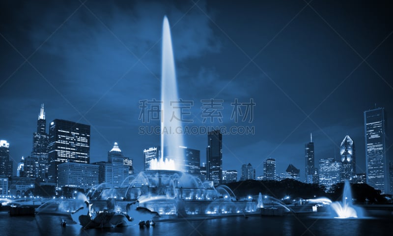 夜晚,芝加哥市,市区,白金汉大喷泉,威利斯大厦,水平画幅,无人,城市天际线,户外,城市