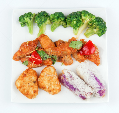 豆腐,花椰菜,绿色,土豆饼,床单,餐具,胡萝卜,水平画幅,素食,无人