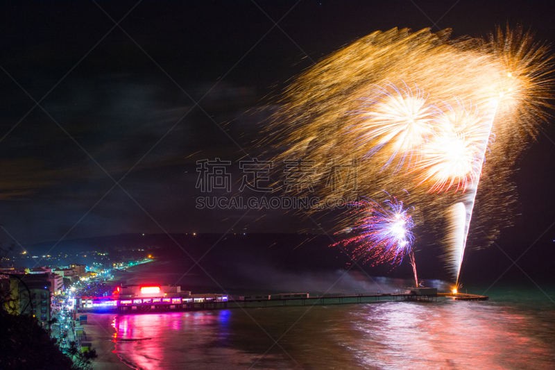 放焰火,海滩,城镇景观,色彩饱和,户外,高处,闪光灯照明,夜晚,桑当,非凡的