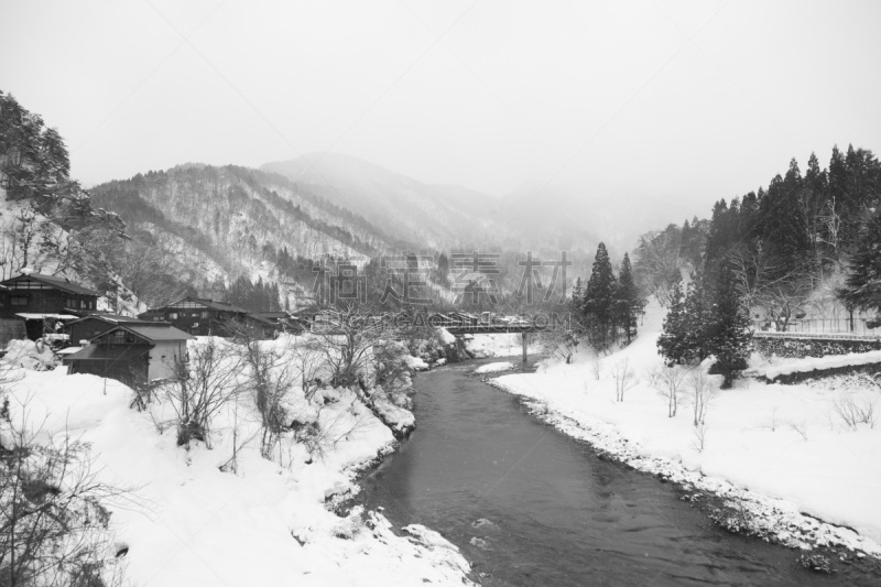 冬天,日本,白川乡,大井町,五箇山,水,天空,里山,水平画幅,山