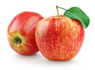 苹果,两个物体,叶子,红色,白色,分离着色,背景分离,剪贴路径,水平画幅,无人