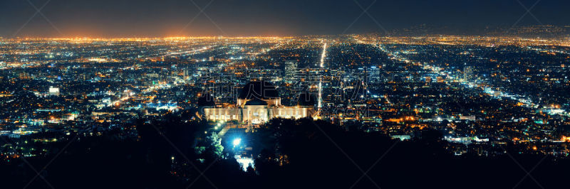 夜晚,洛杉矶,格里菲思公园天文台,美国,水平画幅,建筑,无人,全景,城市天际线,户外